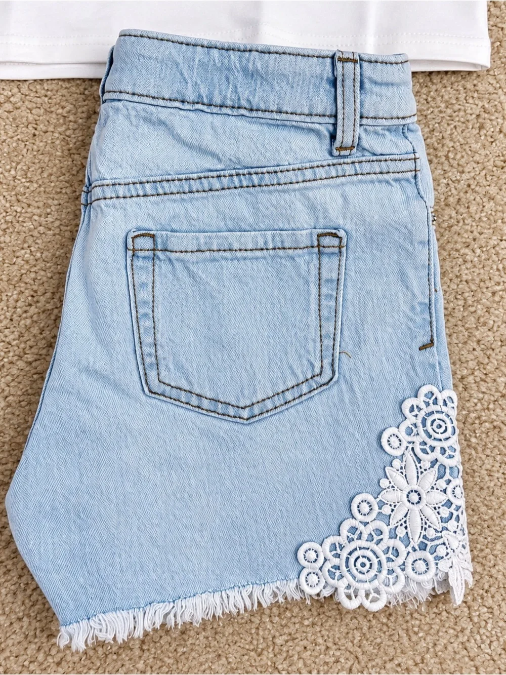KIDS✨Girls Trendy 2-Piece Outfit Selfie Love Crop Tee + Lace Denim Shorts